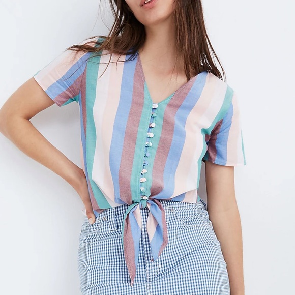 Madewell Novel Tie-Front Button Top in Flagstaff Stripe size small - Picture 2 of 7